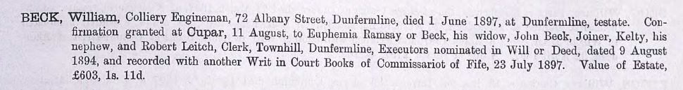 probate of William Beck died 1 Jun 1897