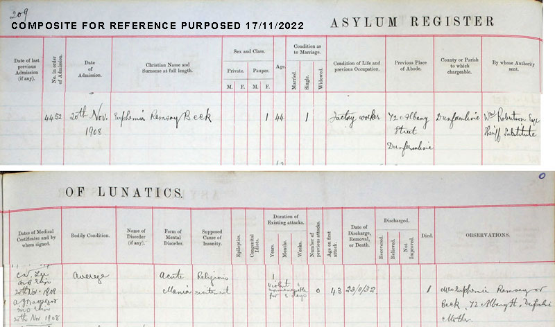 Euphemia Beck's admission into the Fife and Kinross Asylum, Ceres 20 Nov 1908